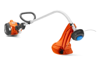 Side view of a Husqvarna grass trimmer with curved shaft and protective guard.