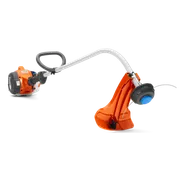 Side view of a Husqvarna grass trimmer with curved shaft and protective guard.