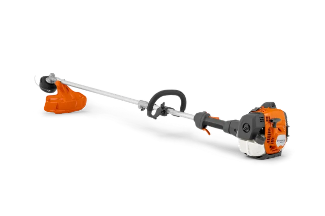 Zijaanzicht van een Husqvarna combitrimmer met zichtbare motor en snijkop.