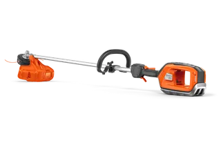 Side view of a Husqvarna battery-powered grass trimmer with ergonomic handle.