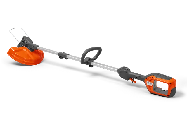 Πλάγια όψη ενός ασύρματου χορτοκοπτικού με εργονομική λαβή και προστατευτικό.