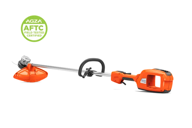 Cordless grass trimmer in studio with detachable battery and trimmer head. Certification badge shown.