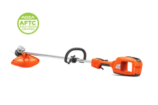 Cordless grass trimmer in studio with detachable battery and trimmer head. Certification badge shown.