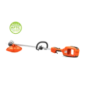 Cordless grass trimmer in studio with detachable battery and trimmer head. Certification badge shown.