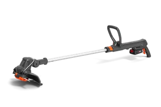 Side view of a battery-powered garden trimmer with ergonomic handle.
