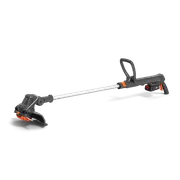 Side view of a battery-powered garden trimmer with ergonomic handle.