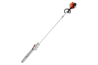 Side view of a Husqvarna pole saw with a long reach for cutting branches.
