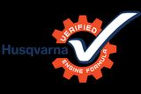 Husqvarna logo featuring a checkmark and gear symbol with the text 'Verified Engine Formula'.