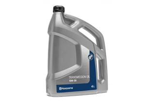 Front view of a Husqvarna transmission oil container labeled 10W-30, 4 liters.