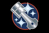 Decorative element featuring a stylized piston and connecting rod with sparkles.