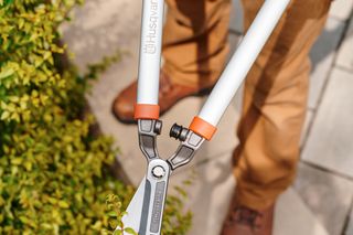 A person using Husqvarna garden shears to trim a bush.