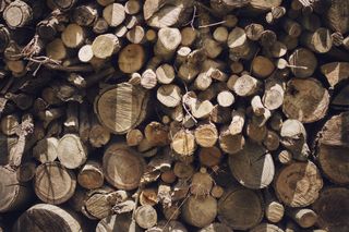 Stak af afskårne træstammer med bark.