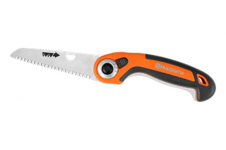 Seitenansicht einer Husqvarna Klappsäge mit ergonomischem Handgriff.