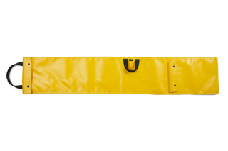 Top view of a yellow tool bag with black handles and a flap.