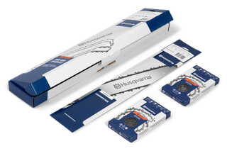 Vooraanzicht van de kettingkettingverpakking van Husqvarna, met verschillende productformaten.
