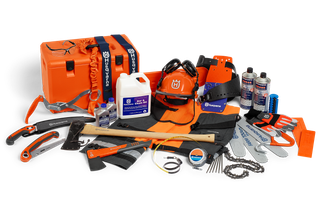 A collection of Husqvarna chainsaw accessories and tools including chains, oil, and protective gear.