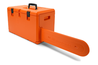 Side view of a Husqvarna chainsaw carrying case with a handle and secure latches.