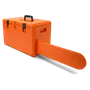 Side view of a Husqvarna chainsaw carrying case with a handle and secure latches.