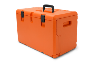 Side view of a durable storage box with a handle and secure latches.