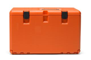 Front view of a storage box with two black latches.