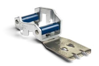 Front view of a metal tool with blue rollers and a flat metal extension.