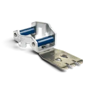 Front view of a metal tool with blue rollers and a flat metal extension.