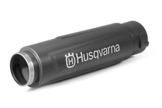Вид збоку на глушник вихлопних газів Husqvarna, що демонструє його дизайн і фірмове оформлення.