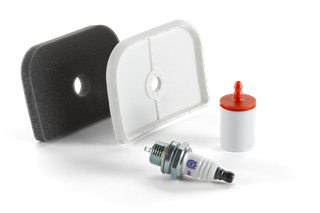 A set of gardening accessories including a spark plug, filter, and foam element.