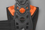 Top view of a harness with adjustable straps and padding.