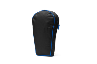 Front view of a black protective carrying case with blue trim.