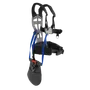 Front view of a harness with adjustable straps and padded support.