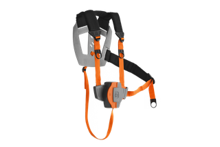 Front view of a harness with adjustable straps and a padded back support.