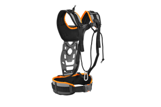 Front view of a harness with adjustable straps and padding.