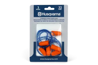 Front view of a package containing three pairs of Husqvarna corded foam earplugs.