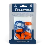 Front view of a package containing three pairs of Husqvarna corded foam earplugs.