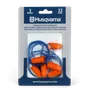 Front view of a package containing three pairs of Husqvarna corded foam earplugs.