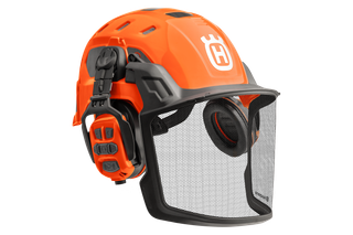 Side view of a Husqvarna safety helmet with ear protection and visor.