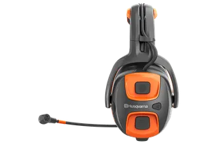 Vorderansicht eines Husqvarna Kommunikations-Headsets mit Mikrofon.