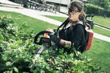 A person using a hedge trimmer to trim bushes in a park setting.
