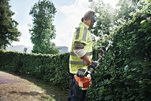 A person trimming a hedge with a power tool in a garden setting.