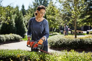 A person trimming hedges in a garden using a hedge trimmer.