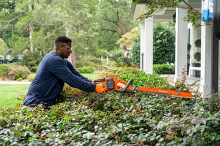 Une personne qui taille des haies avec une scie à chaîne dans un jardin résidentiel.