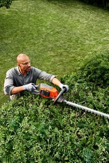 Eine Person, die eine Heckenschere verwendet, um eine große Hecke in einem Garten zu schneiden.