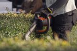 A person using a hedge trimmer to trim bushes in a garden setting.