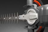 Close-up of a Husqvarna hedge trimmer blade.