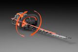 Side view of a hedge trimmer with an ergonomic handle and blade rotation feature.