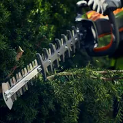 Close-up of a person using a hedge trimmer to cut branches.