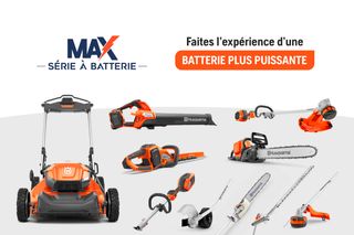 Une collection d’outils de jardin à piles Husqvarna, dont une tondeuse à gazon, une tronçonneuse, un souffleur à feuilles et un taille-haie, affichée avec le texte « Faites l’expérience d’une batterie plus puissante ».