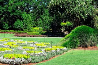 A garden with a large topiary shaped like a bird, surrounded by flower beds and lush greenery.