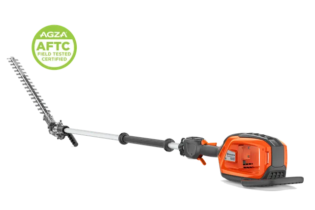 Studio side views of a Husqvarna pole hedge trimmer; one assembled, one with head detached.